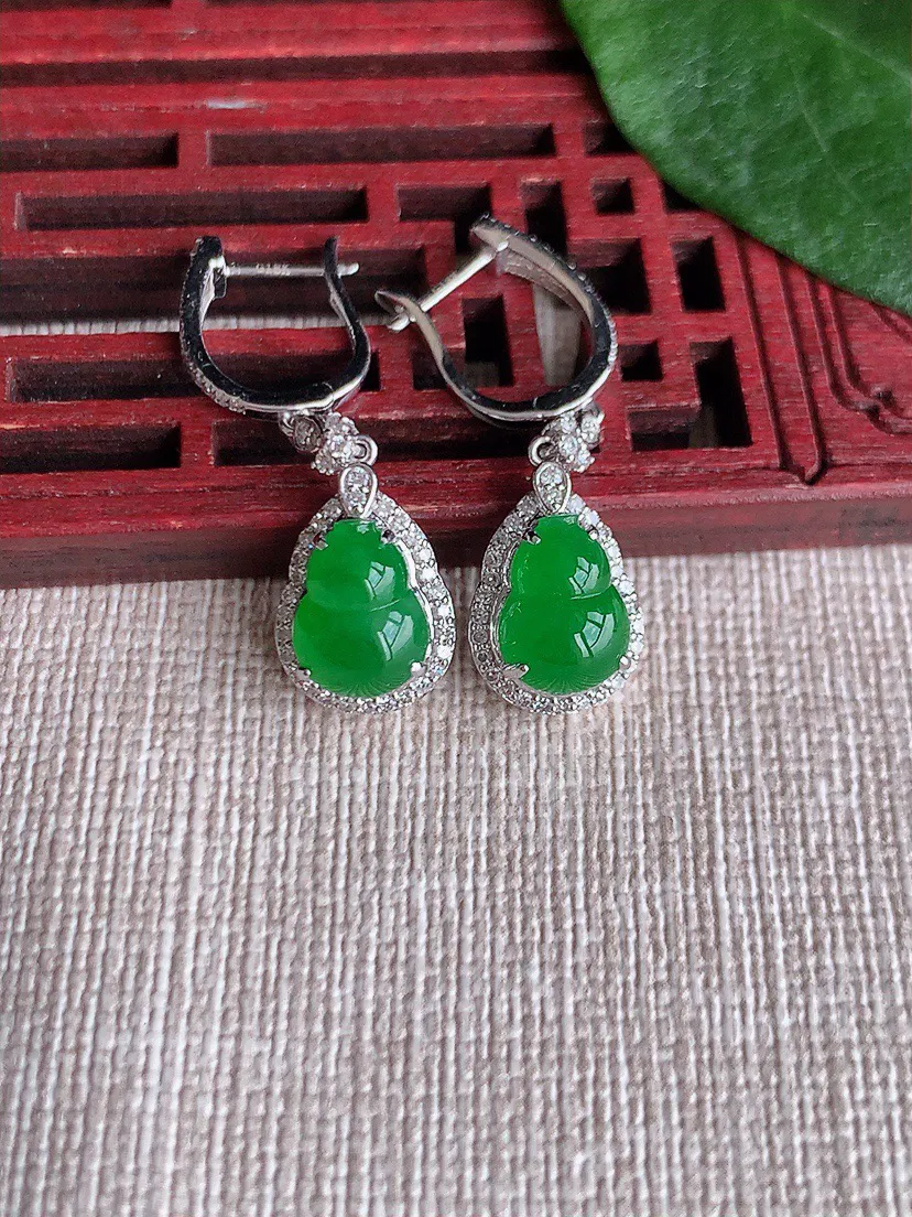 缅甸a货翡翠ddj老坑冰种18K金镶嵌阳绿葫芦耳坠 整体9.2×7×6.3mm 4.80