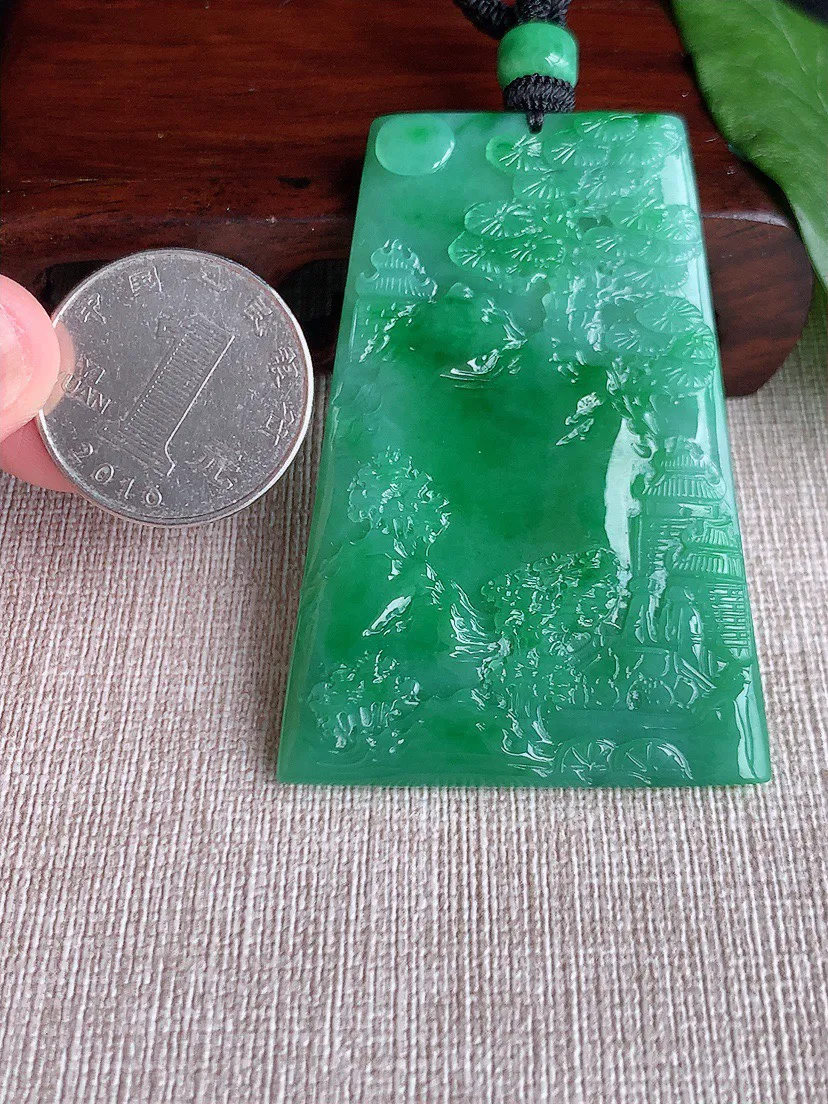 缅甸a货翡翠ddj老坑冰种满绿意境山水牌吊坠 整体61.4×42.3×6mm 40.06