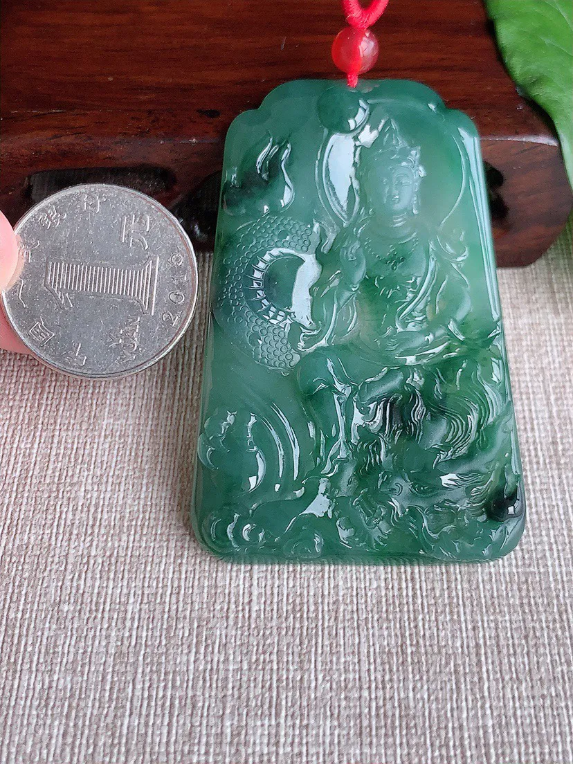 缅甸a货翡翠ddj老坑冰种飘花御龙观音吊坠  整体61.8×40.6×4.6mm 27.28