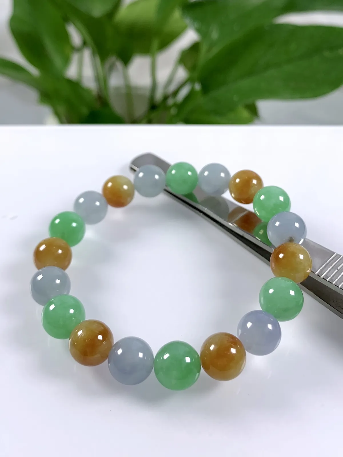 缅甸天然翡翠A货，卡10冰种起胶三彩多宝圆珠手串手链，尺寸：10mm/19颗，重量：32.63g，黄珠也是天然黄