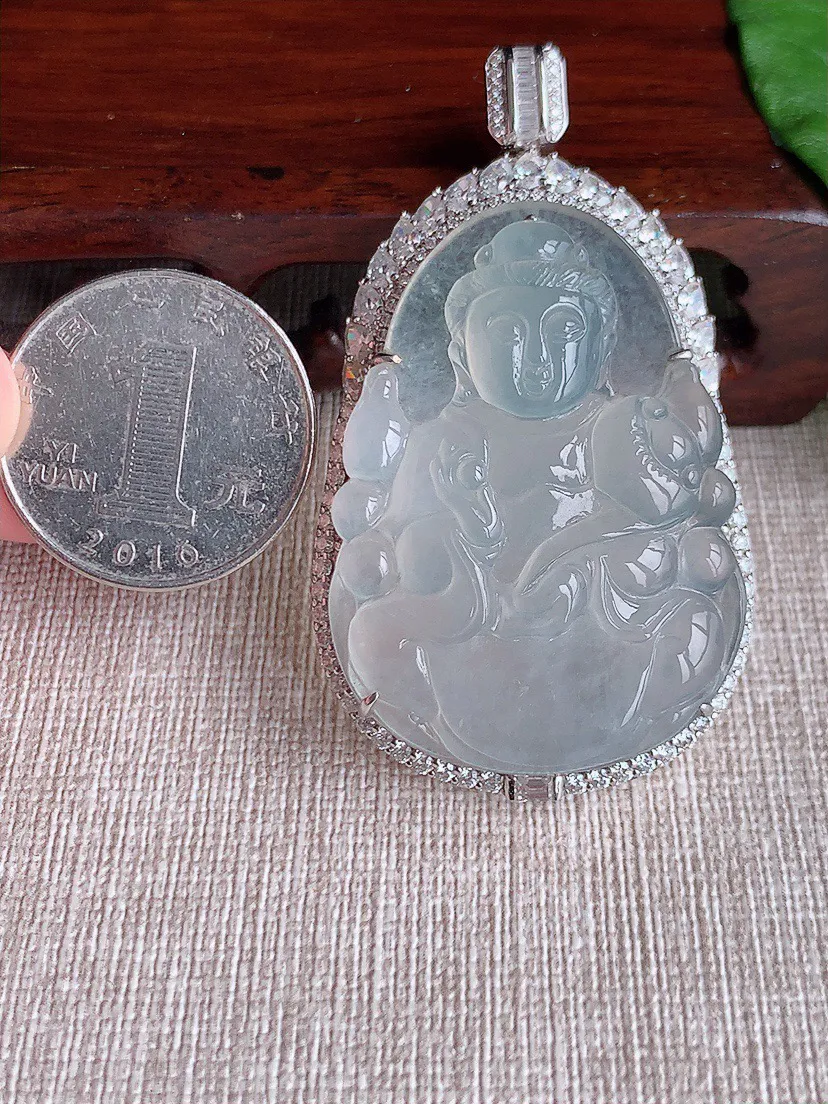 缅甸a货翡翠ddj老坑冰种18K金镶嵌白月光观音吊坠 整体57.7×33×12.3裸石42.3×30.3mm 23.32