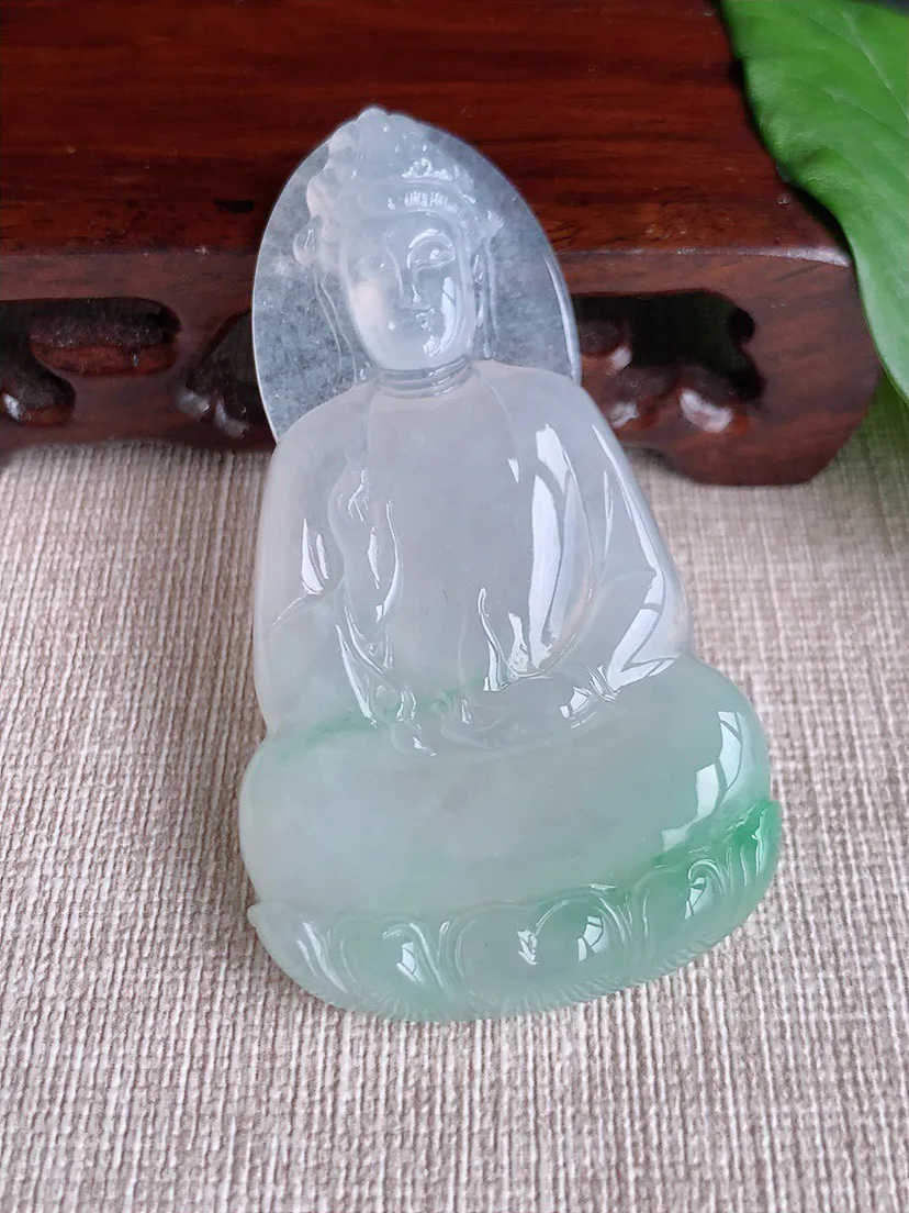 缅甸a货翡翠ddj老坑冰种飘绿素衣观音吊坠 整体64.4×35.8×6.7mm 28.00