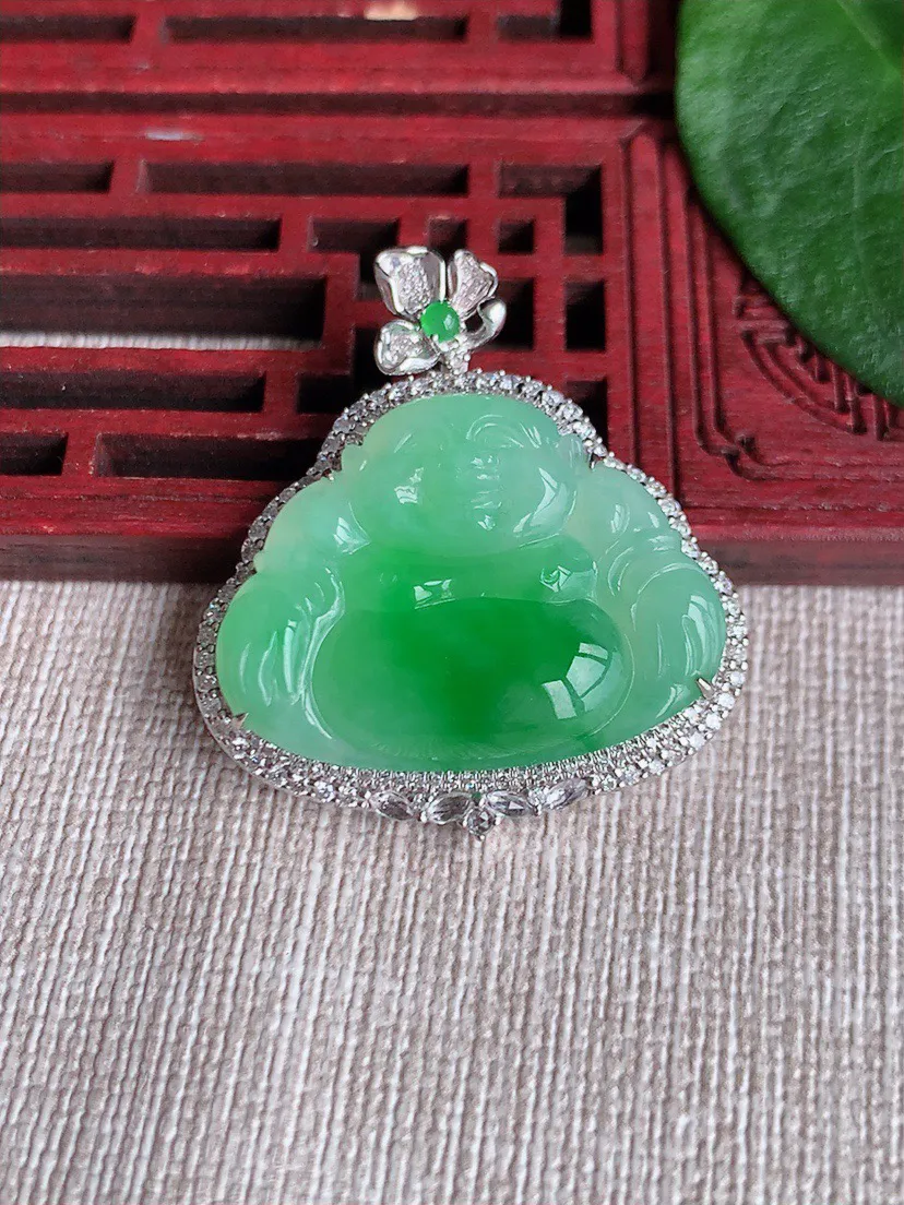 缅甸a货翡翠ddj老坑冰种18K金镶嵌飘阳绿佛公吊坠 整体34×31×8.8裸石20.8×27.6m