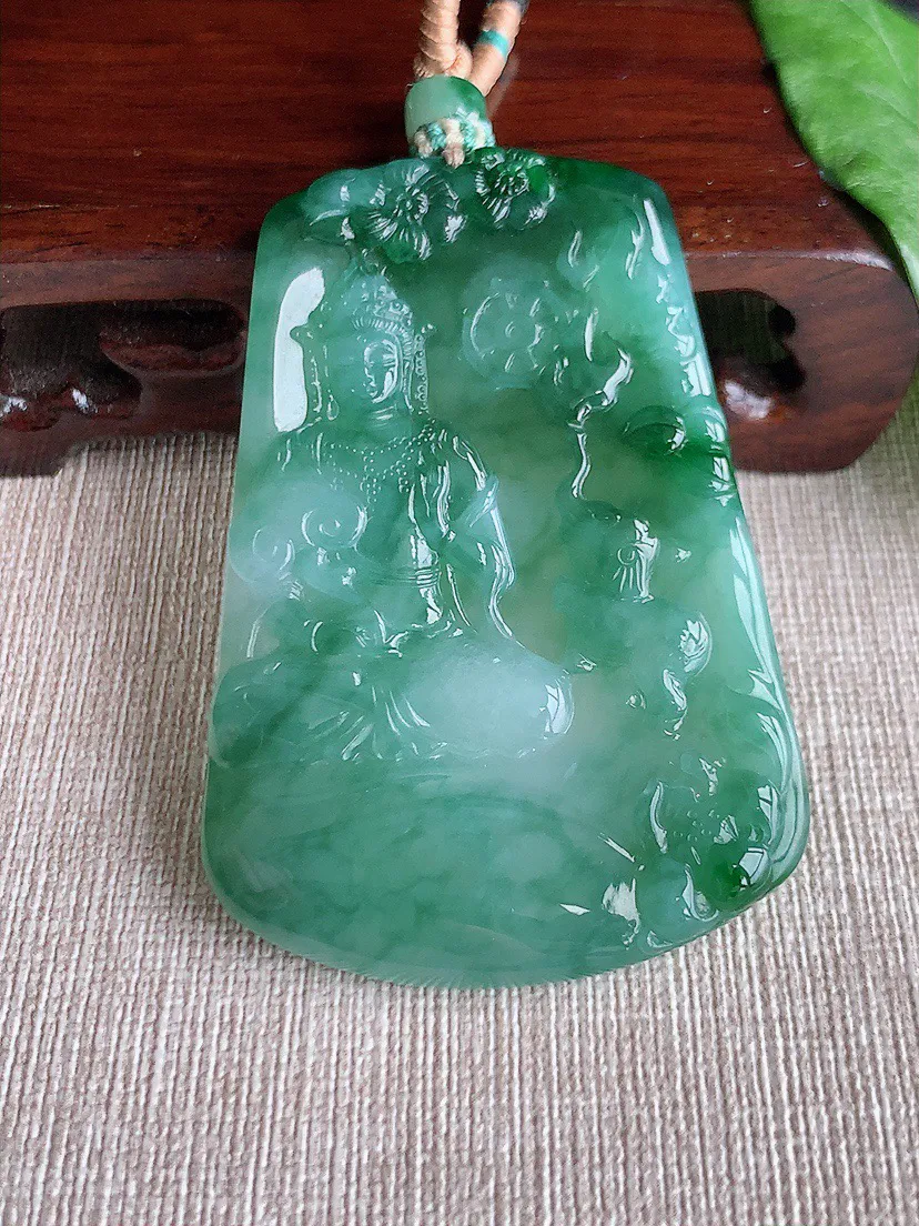 缅甸a货翡翠ddj老坑冰种飘花普贤菩萨吊坠 整体62.7×43×5.2mm 37.36