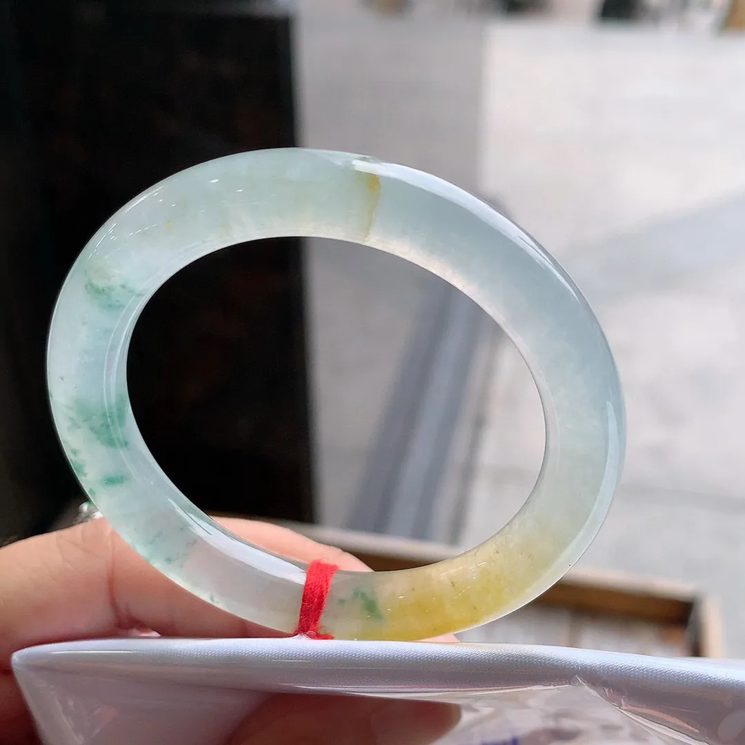 圆条冰玻黄翡飘花 微小牛毛纹 不影响 尺寸:50.1/9/8.6 种色俱佳