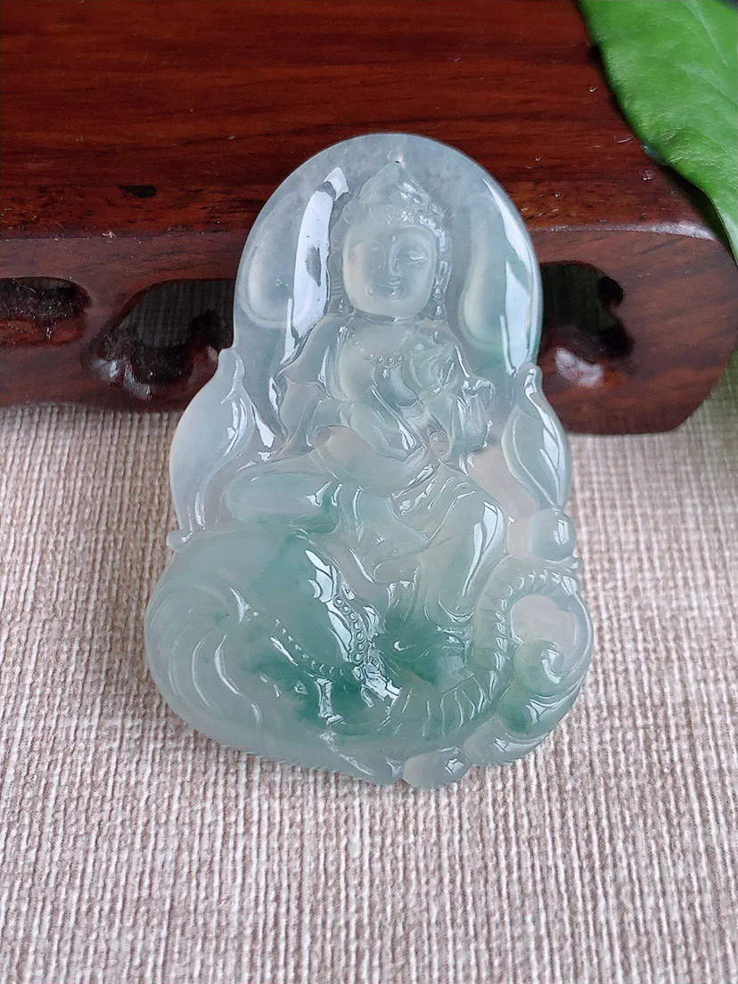 缅甸a货翡翠ddj老坑冰种飘花普贤菩萨吊坠 整体50.6×34×4.7mm 13.38