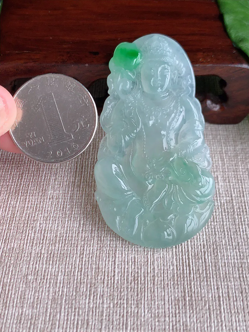 缅甸a货翡翠ddj老坑冰种飘绿大势至菩萨吊坠 整体60.5×32.7×5.2mm 20.28