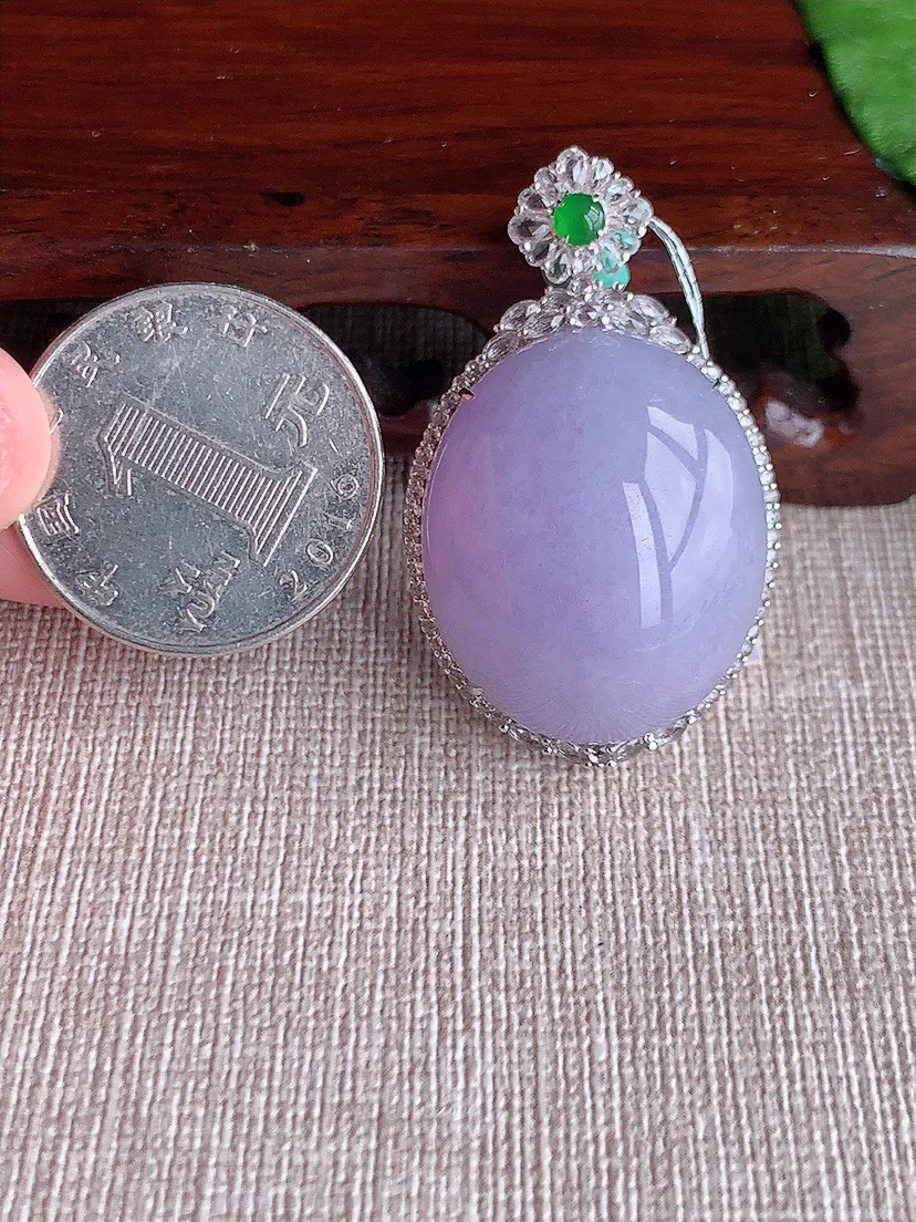 缅甸a货翡翠ddj老坑冰种18K金镶嵌紫罗兰蛋面吊坠 整体40.6×24.7×13.6裸石27×22.5mm 17.23