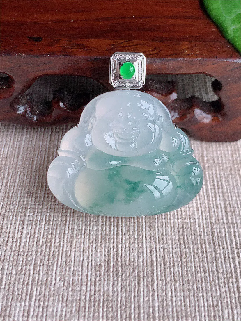 缅甸a货翡翠ddj老坑冰种18K金镶嵌飘花佛公吊坠 整体33×24.6×31.2×10mm 11.5