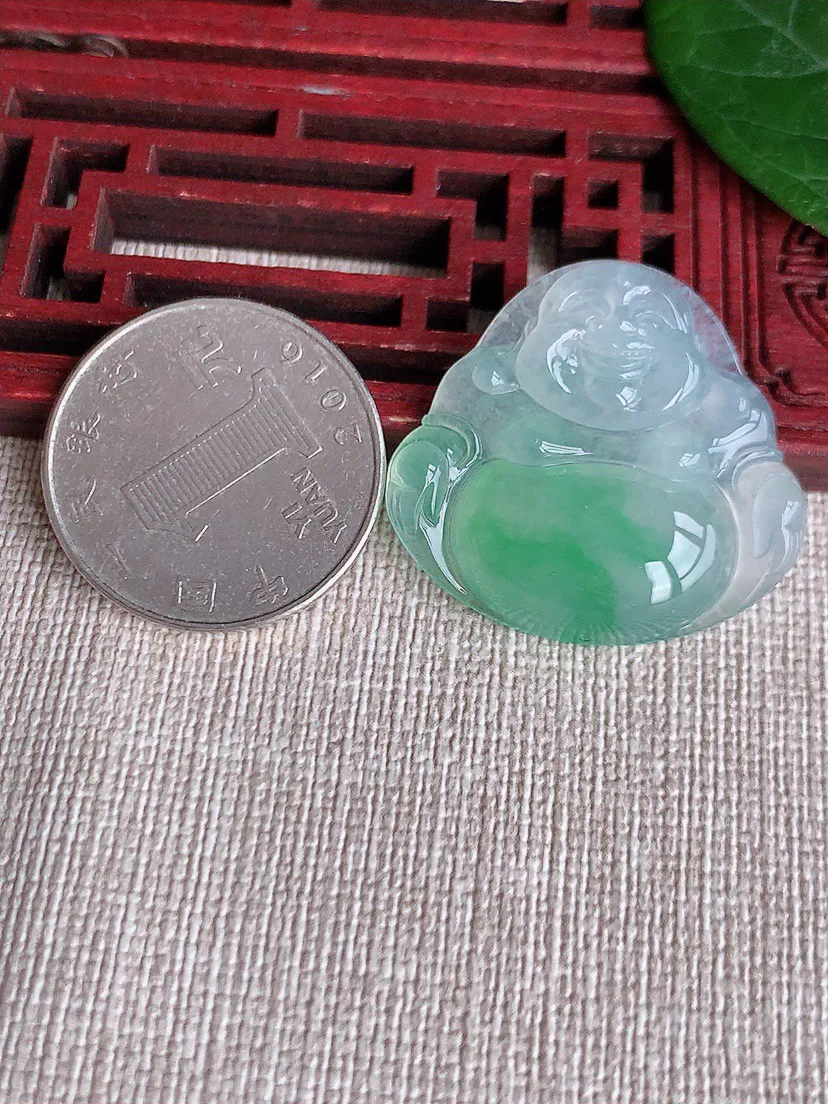 缅甸a货翡翠ddj老坑高冰种飘绿一刀切佛公镶嵌件 整体28.2×30.5×6mm 8.65