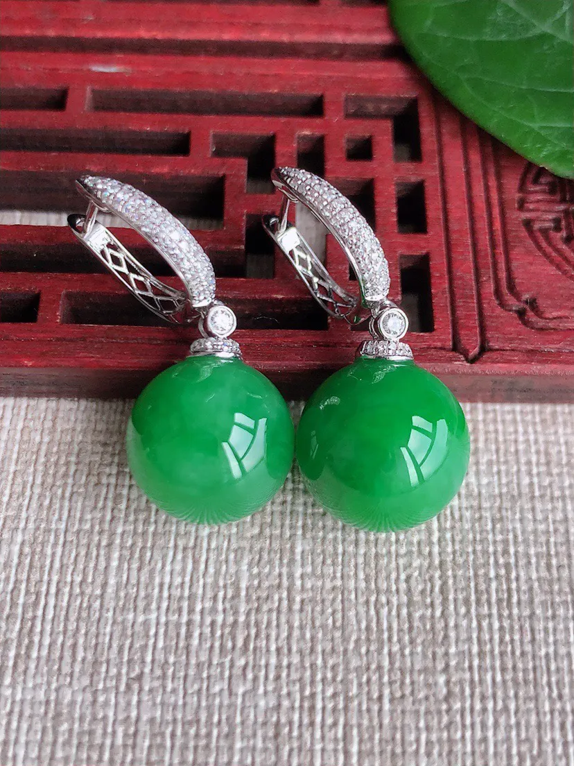 缅甸a货翡翠ddj老坑冰种18K金镶嵌阳绿圆珠转运珠耳坠 整体12.6mm 9.71