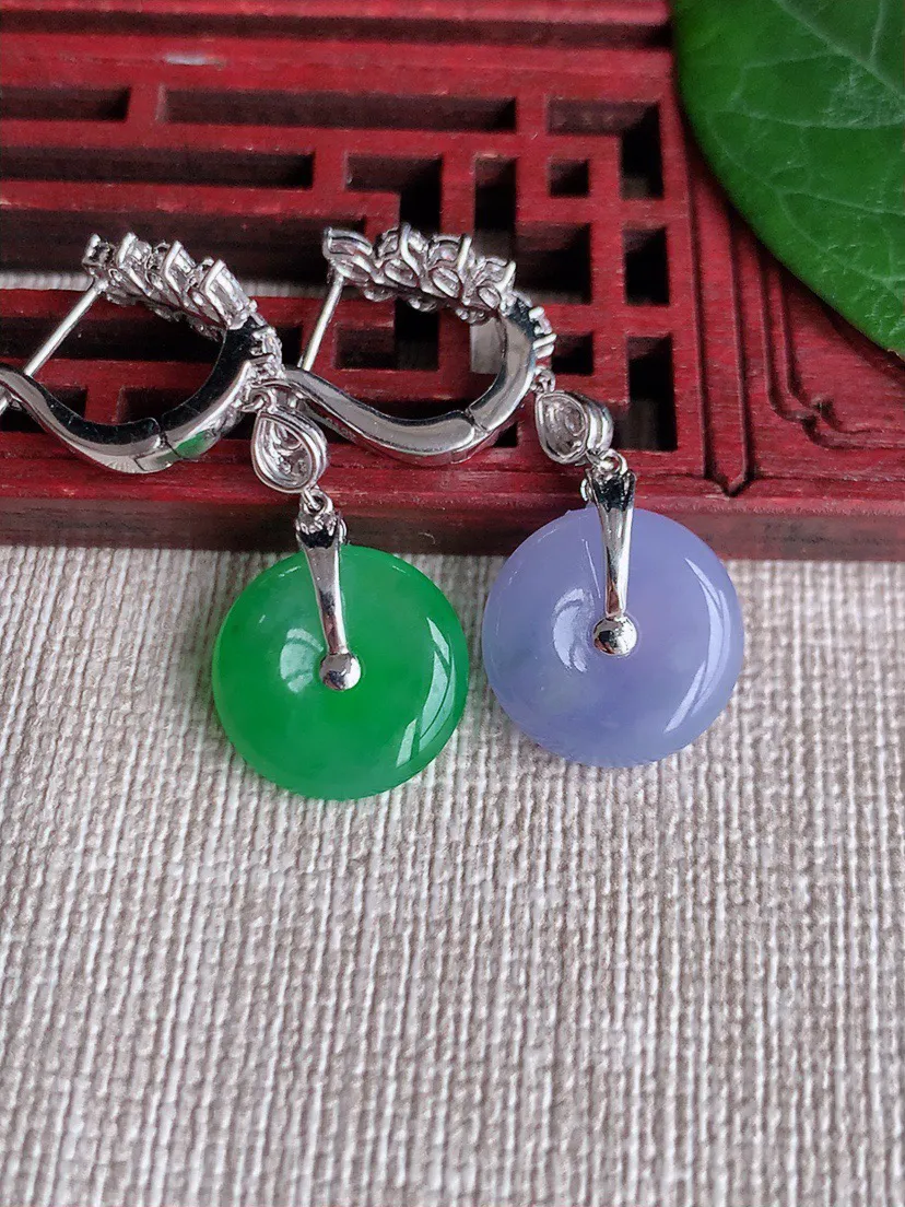 缅甸a货翡翠ddj老坑冰种18K金镶嵌阳绿紫罗兰平安扣耳坠 13.6×4mm 7.00