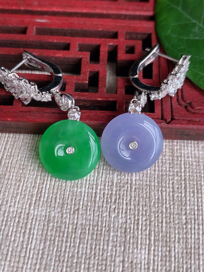 缅甸a货翡翠ddj老坑冰种18K金镶嵌阳绿紫罗兰平安扣耳坠 13.6×4mm 7.00