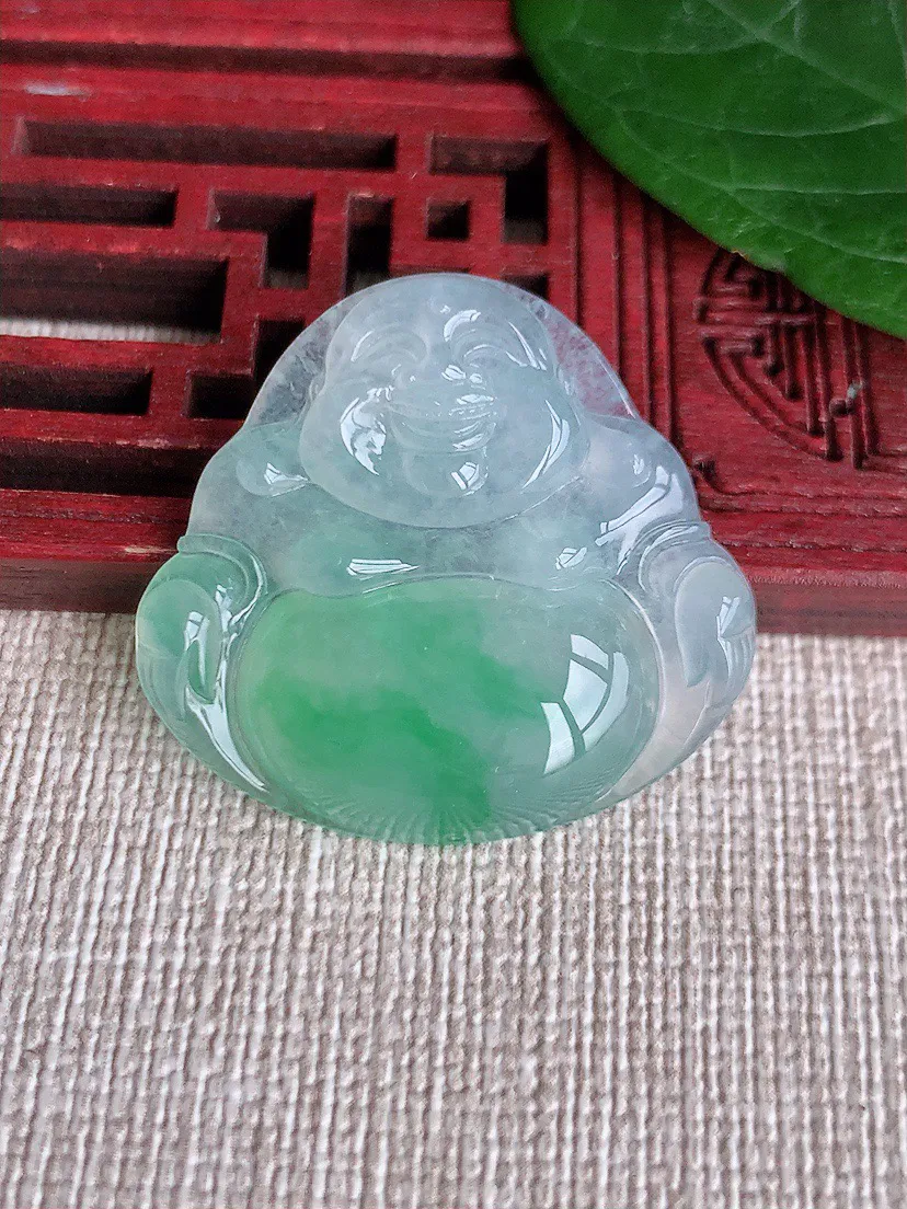 缅甸a货翡翠ddj老坑高冰种飘绿一刀切佛公镶嵌件 整体28.2×30.5×6mm 8.65