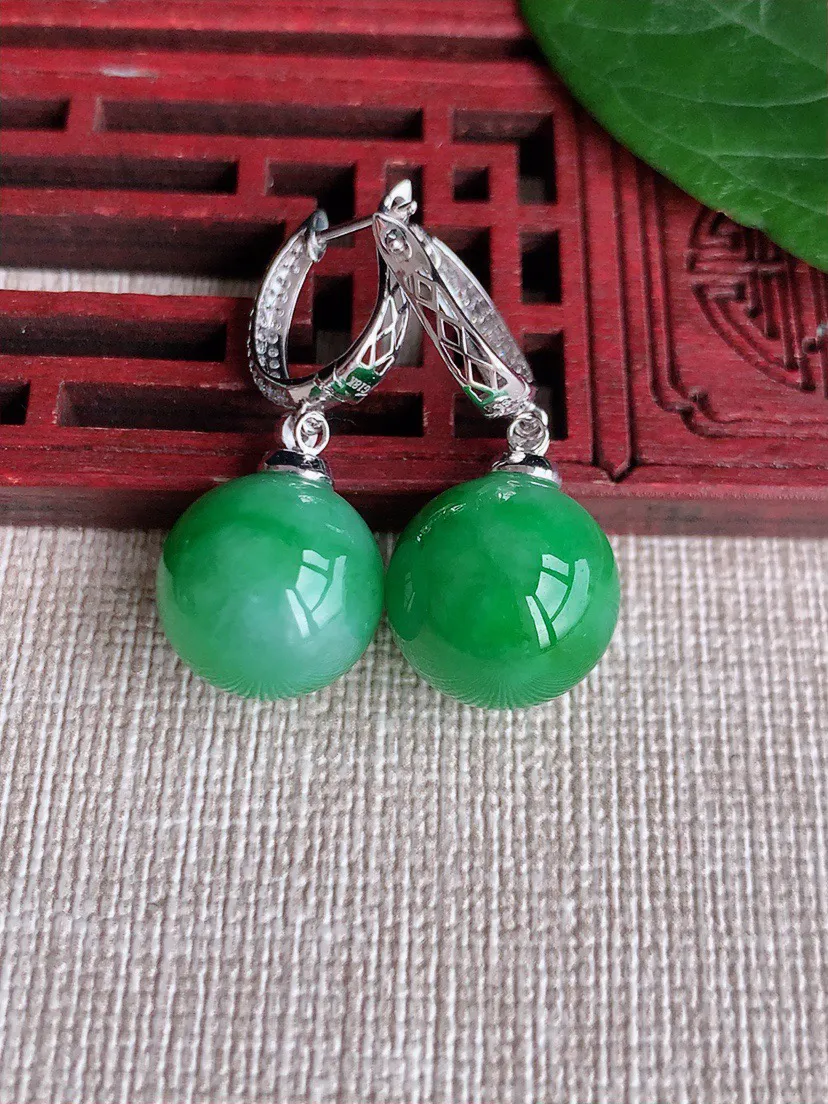 缅甸a货翡翠ddj老坑冰种18K金镶嵌阳绿圆珠转运珠耳坠 整体12.6mm 9.71
