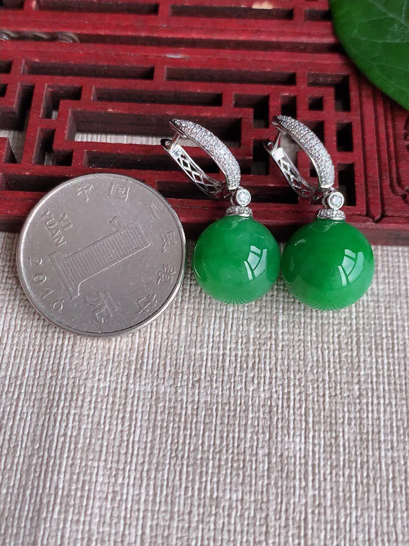 缅甸a货翡翠ddj老坑冰种18K金镶嵌阳绿圆珠转运珠耳坠 整体12.6mm 9.71