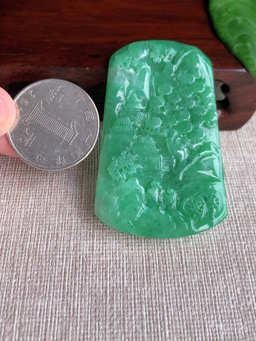 缅甸a货翡翠ddj老坑冰润满绿意境山水牌吊坠  整体54.5×35×5mm 23.23