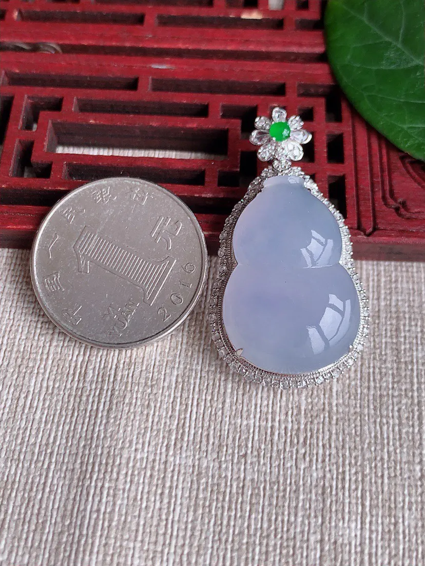 缅甸a货翡翠ddj老坑冰种18K金镶嵌紫罗兰葫芦吊坠  整体39.3×21.7×11裸石26×17.8mm 7.70