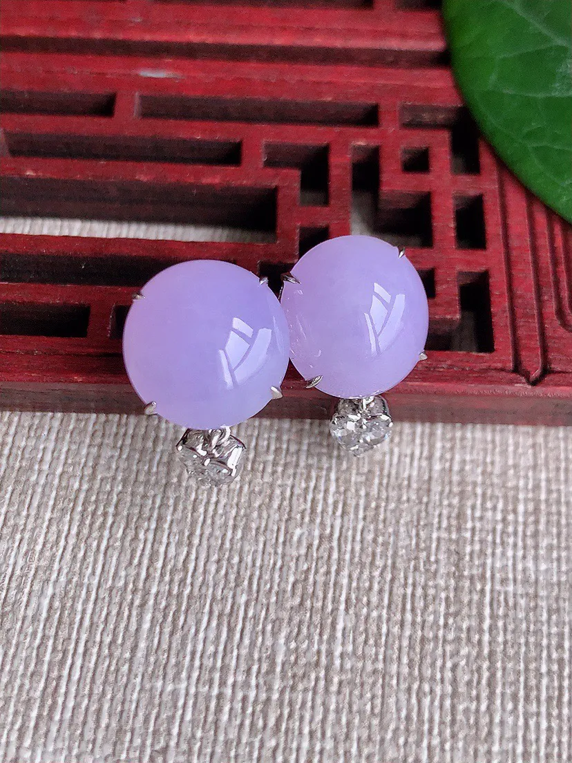 缅甸a货翡翠ddj老坑冰种18K金镶嵌紫罗兰蛋面耳坠 整体11.8×11mm 6.14