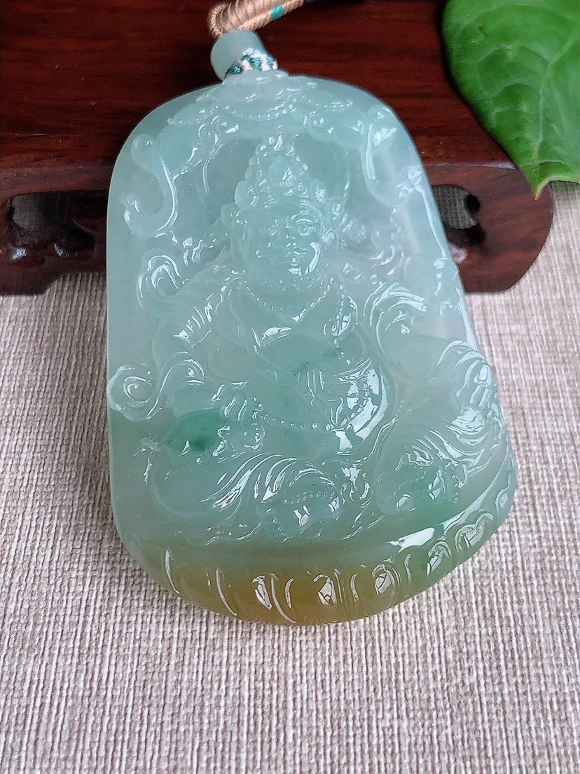缅甸a货翡翠ddj老坑冰种飘黄翡飘花黄财神吊坠 整体70.8×48.2×8.2mm 62.80