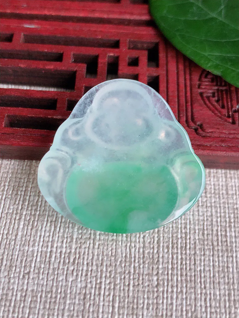 缅甸a货翡翠ddj老坑高冰种飘绿一刀切佛公镶嵌件 整体28.2×30.5×6mm 8.65