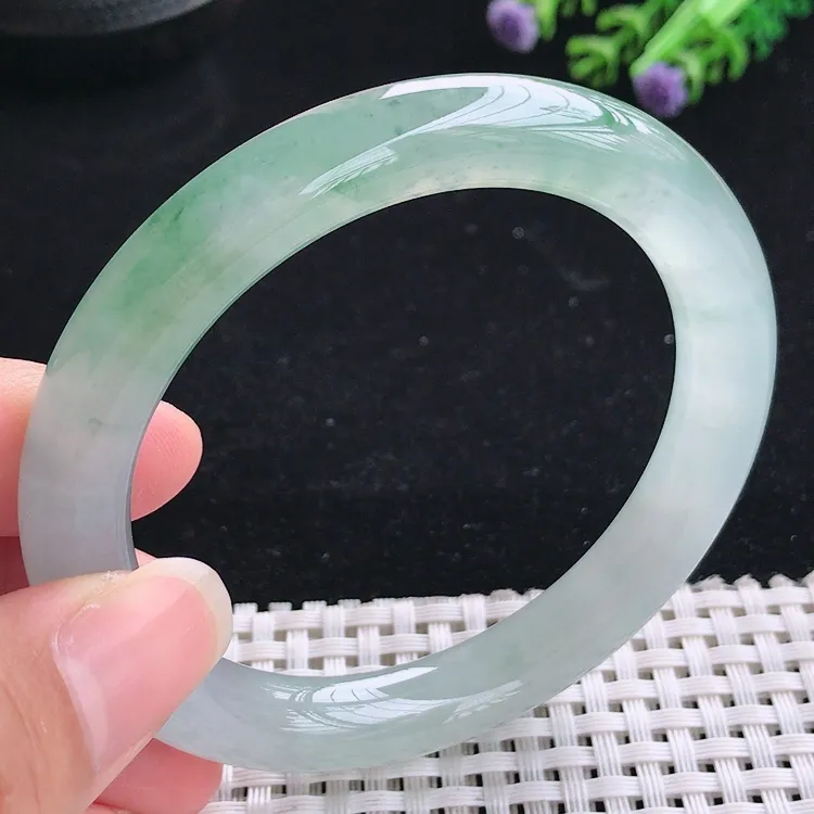 自然光57圈口老坑冰胶果冻胶飘花圆条手镯翡翠玉镯尺寸57/10/9.5