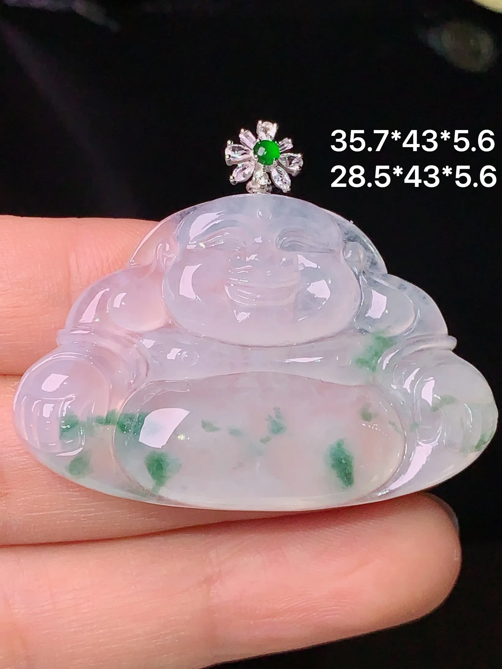 18k金钻镶嵌飘绿佛公吊坠 玉质细腻 色泽清新艳丽 整体尺寸36.7*43*5.6