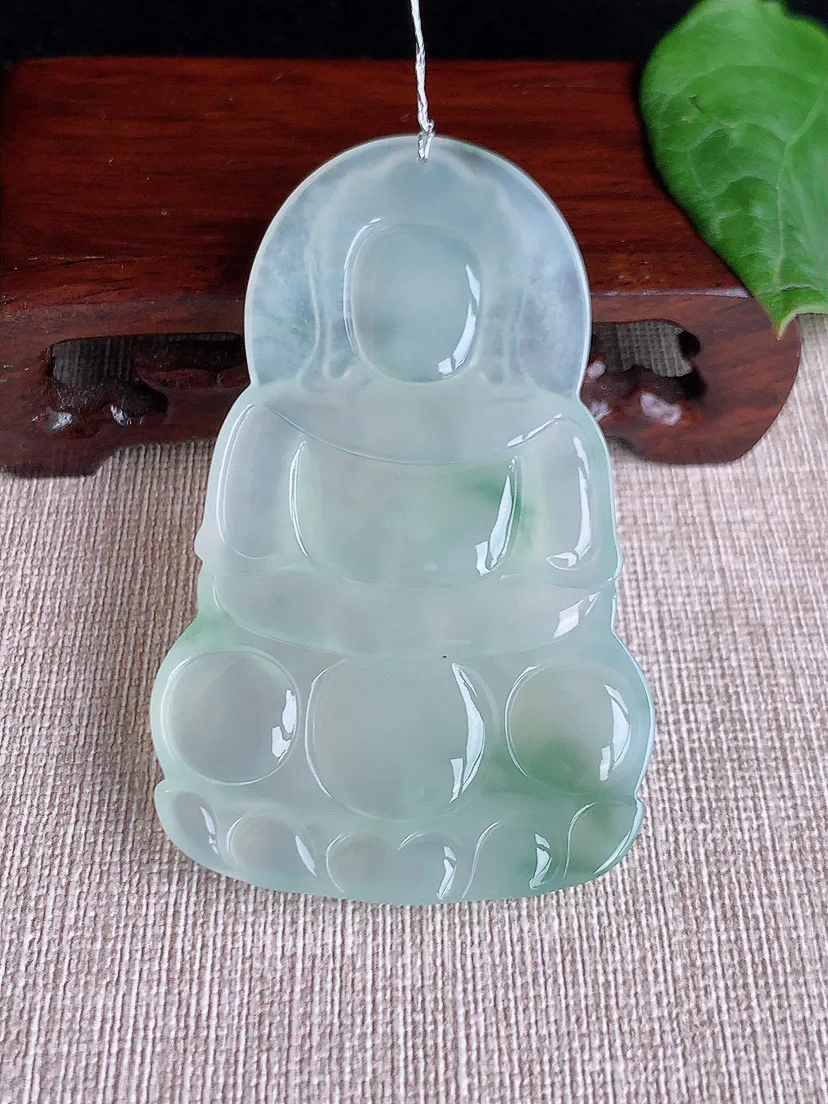 缅甸a货翡翠ddj老坑冰种飘花大正装观音吊坠 整体70.6×43×5.7mm 34.40