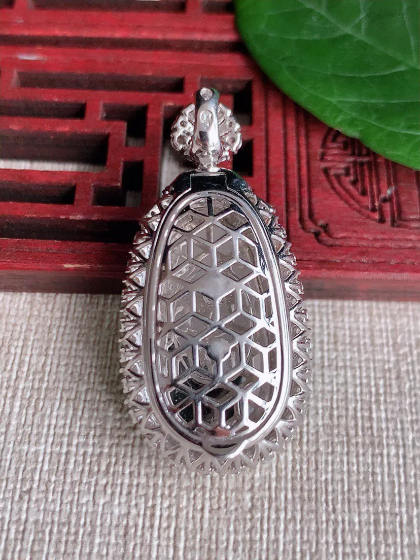 缅甸a货翡翠ddj老坑冰种18K金镶嵌阳绿如意吊坠 整体40×19.4×12裸石26×15.3mm 10.77