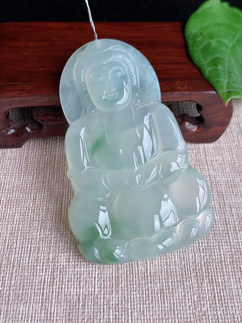缅甸a货翡翠ddj老坑冰种飘花大正装观音吊坠 整体70.6×43×5.7mm 34.40