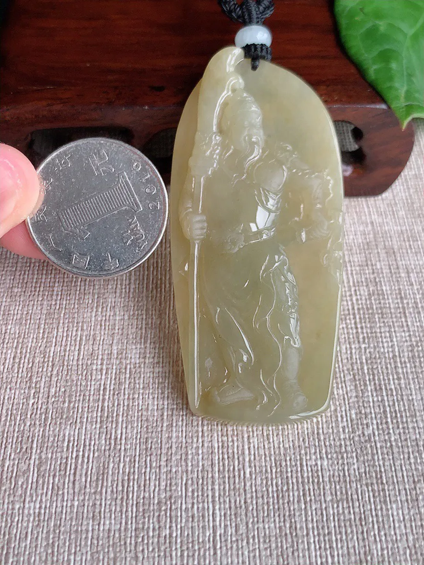 缅甸a货翡翠ddj老坑冰种黄翡关公吊坠 整体67.5×30.6×6mm 29.00