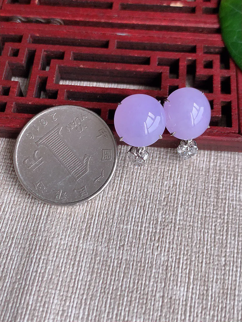 缅甸a货翡翠ddj老坑冰种18K金镶嵌紫罗兰蛋面耳坠 整体11.8×11mm 6.14