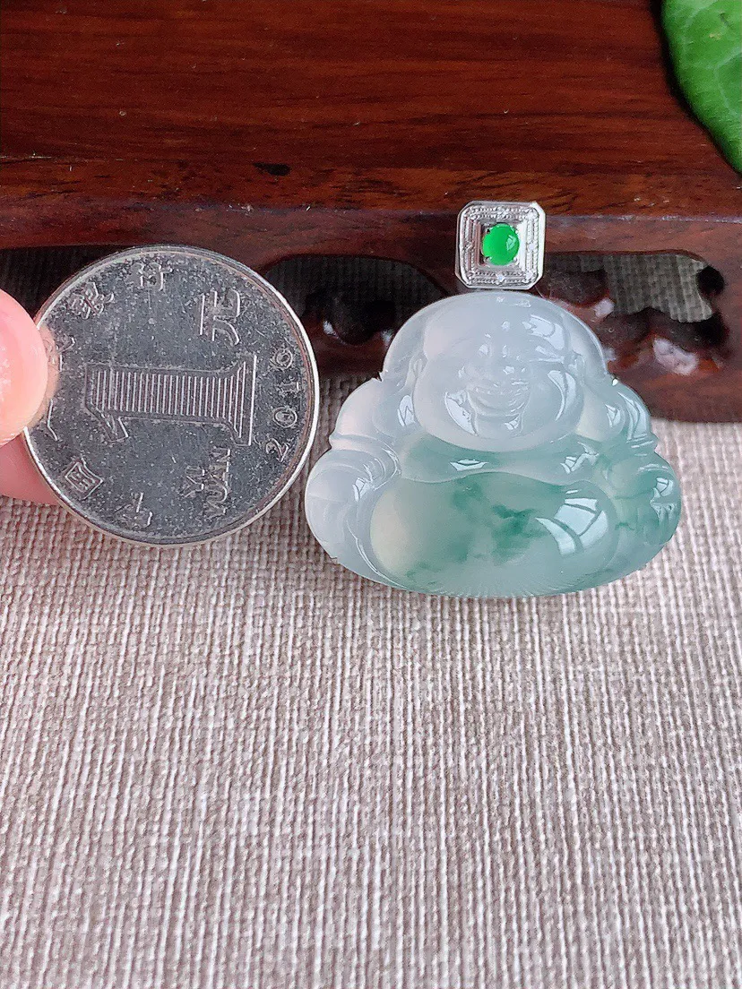 缅甸a货翡翠ddj老坑冰种18K金镶嵌飘花佛公吊坠 整体33×24.6×31.2×10mm 11.55