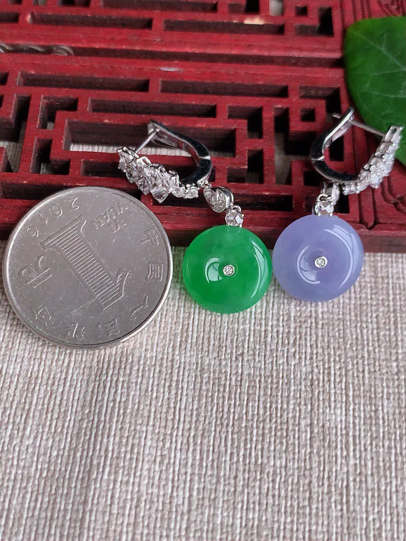 缅甸a货翡翠ddj老坑冰种18K金镶嵌阳绿紫罗兰平安扣耳坠 13.6×4mm 7.00