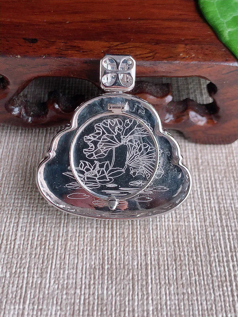 缅甸a货翡翠ddj老坑冰种18K金镶嵌飘花佛公吊坠 整体33×24.6×31.2×10mm 11.55