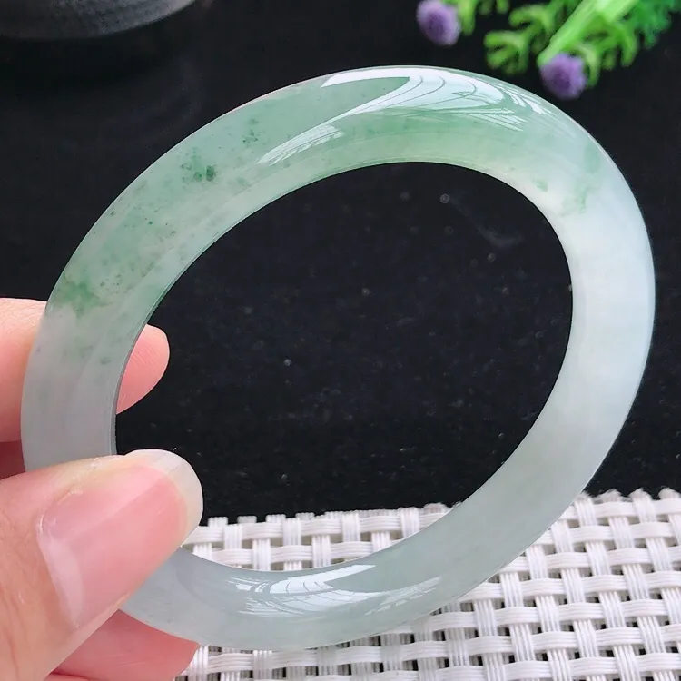 自然光57圈口老坑冰胶果冻胶飘花圆条手镯翡翠玉镯尺寸57/10/9.5