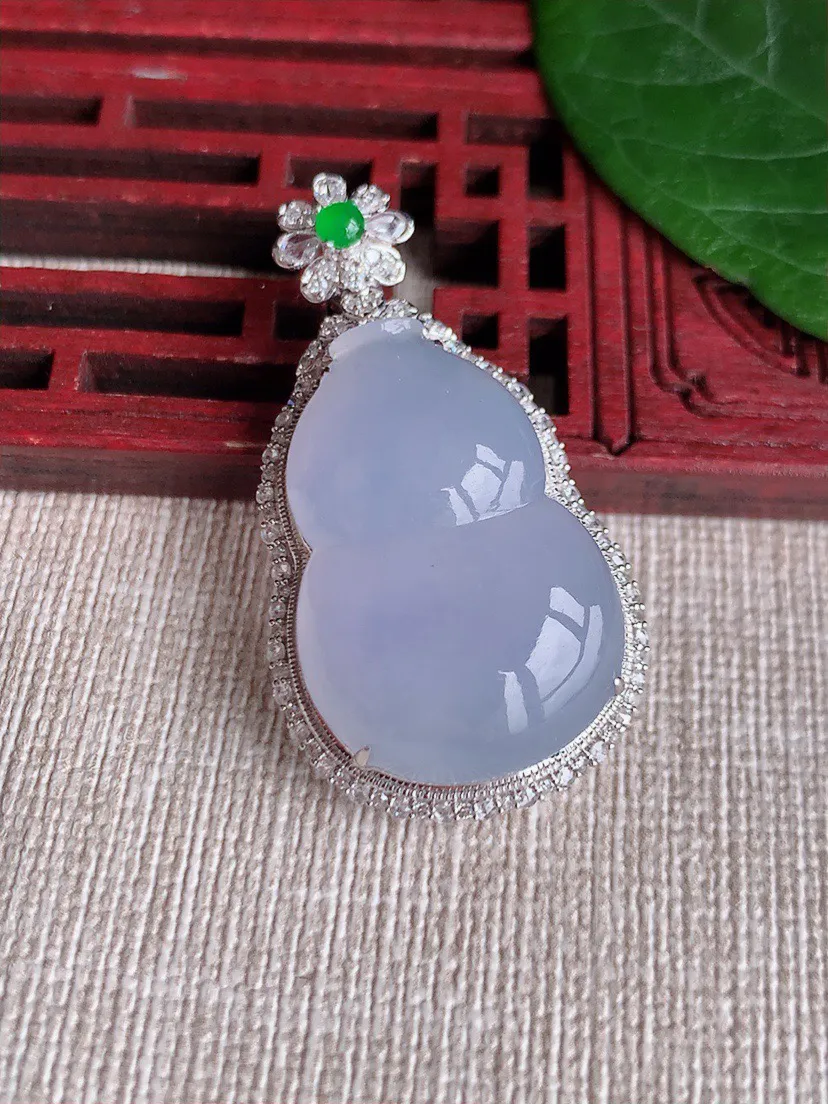 缅甸a货翡翠ddj老坑冰种18K金镶嵌紫罗兰葫芦吊坠  整体39.3×21.7×11裸石26×17.