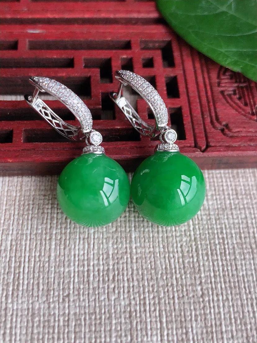 缅甸a货翡翠ddj老坑冰种18K金镶嵌阳绿圆珠转运珠耳坠 整体12.6mm 9.71