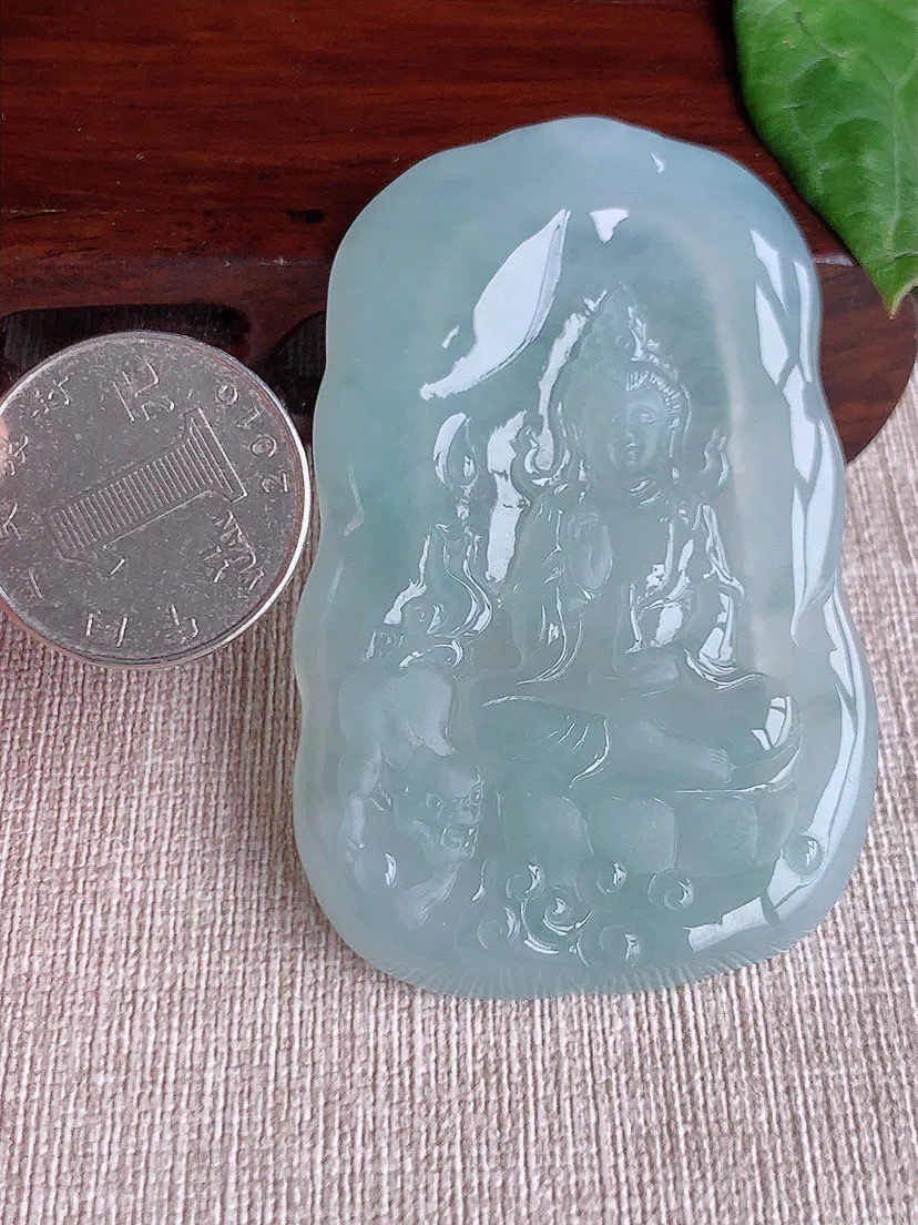 缅甸a货翡翠ddj老坑冰种晴水文殊菩萨吊坠  整体67.4×43×6.6mm 40.15