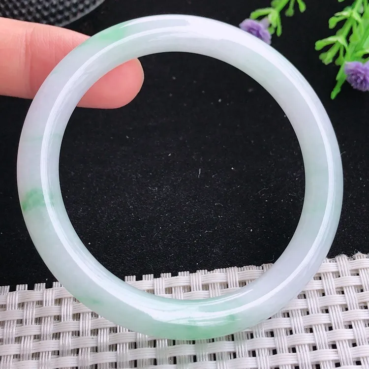 自然光55圈口老坑冰胶水灵飘花圆条手镯翡翠玉镯尺寸55/8/8.2