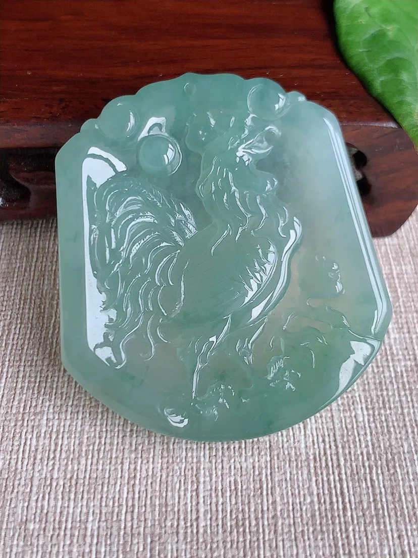 缅甸a货翡翠ddj老坑冰种晴水一刀切生肖鸡吊坠 整体53.5×47×5.3mm 30.77