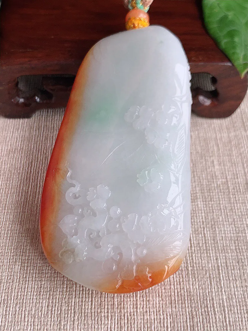 缅甸a货翡翠ddj老坑冰润飘红翡凤凰吊坠  整体78×39.3×16.8mm 86.25