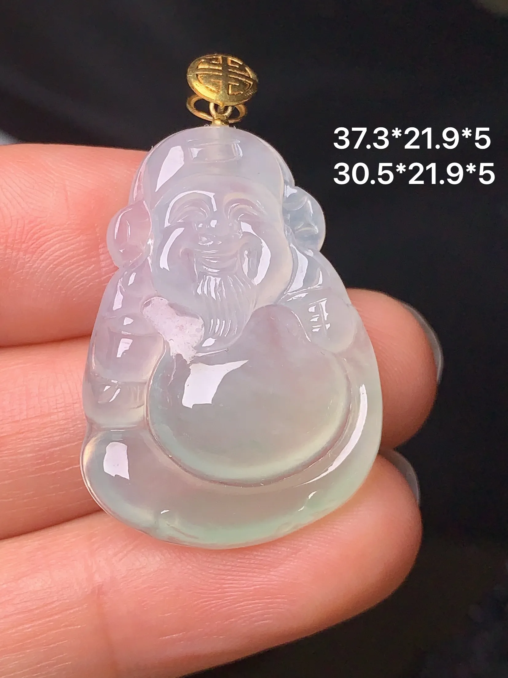 18k金镶嵌冰种财神吊坠 玉质细腻 色泽清新艳丽 整体尺寸37.3*21.9*5