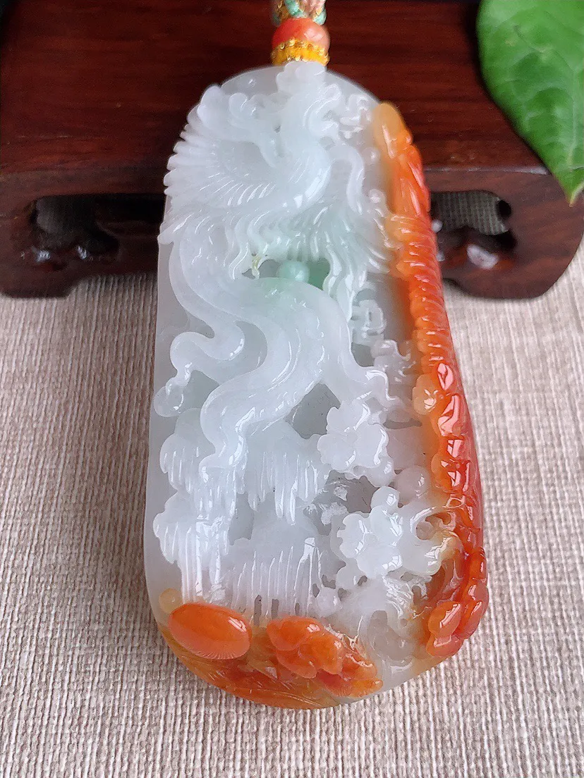 缅甸a货翡翠ddj老坑冰润飘红翡凤凰吊坠  整体78×39.3×16.8mm 86.25
