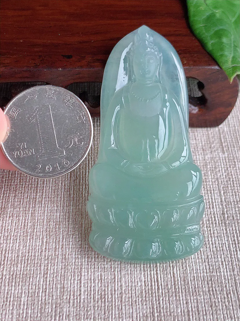 缅甸a货翡翠ddj老坑冰种晴水观音吊坠 整体66×30.7×6.4mm 25.40