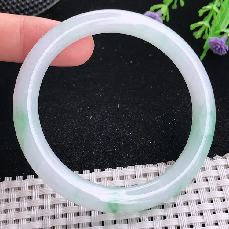 自然光55圈口老坑冰胶水灵飘花圆条手镯翡翠玉镯尺寸55/8/8.2