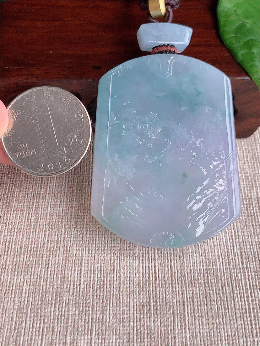 缅甸a货翡翠ddj老坑冰种紫罗兰飘花意境山水牌吊坠 整体52.6×40×5.7mm 38.97