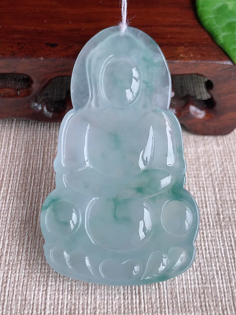 缅甸a货翡翠ddj老坑冰种飘花正装观音吊坠 整体57.3×33×5.3mm 18.10