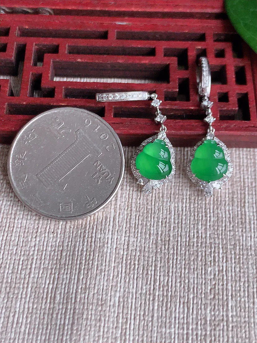 缅甸a货翡翠ddj老坑冰种18K金镶嵌阳绿葫芦耳坠 整体9×7.3×6.2mm 4.16