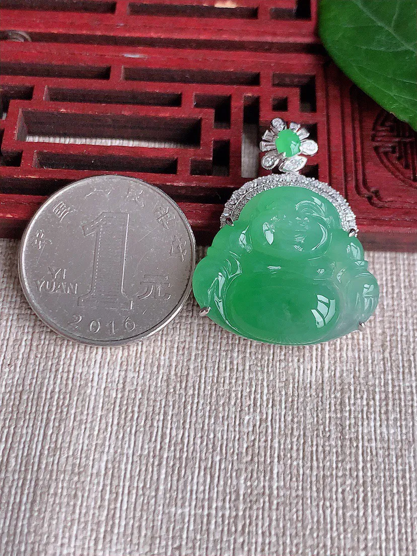 缅甸a货翡翠ddj老坑冰种18K金镶嵌满绿佛公吊坠 整体33×21.6×25×9.6mm 8.82